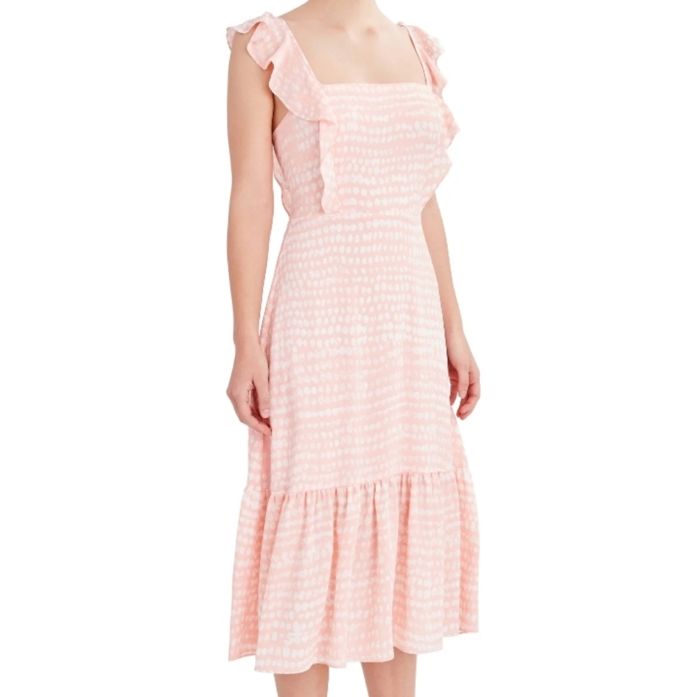 NWT BCBG Paris Ruffle Strap Midi Dress Women's XS Blush Pink White Polka Dots